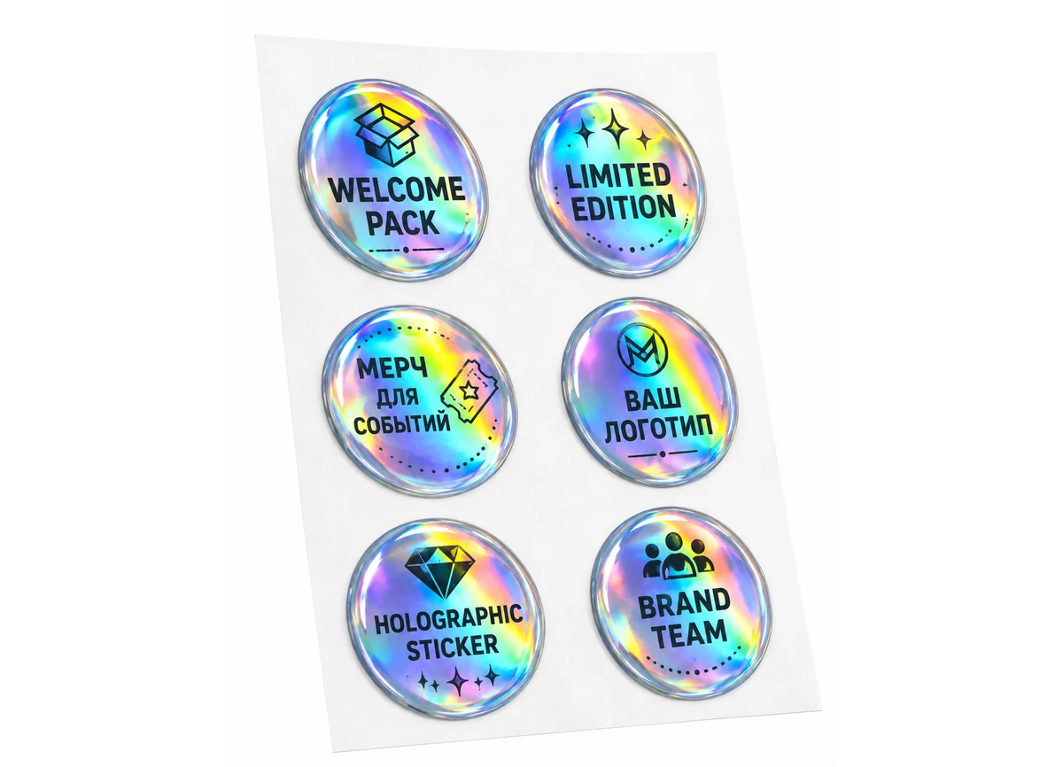 Голографические объёмные наклейки для welcome-наборов, мероприятий и мерча